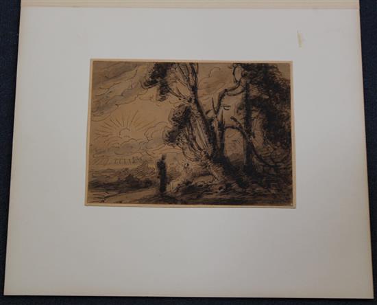 Attributed to Thomas Sunderland (1744-1823) Figures in a landscape & timber cart on a hill, 6.25 x 8.25in & 13.25 x 12.75in. unframed.